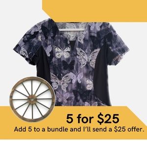 Health Pro purple butterflies scrub top with stretch side panels.